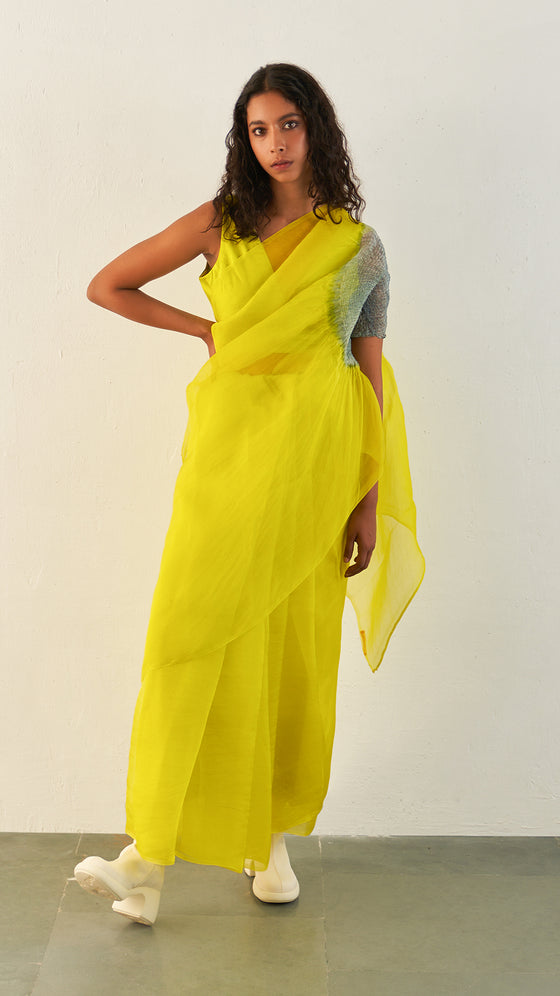 HANDSFREE SAREE, SILK ORGANZA - Lime/Grey