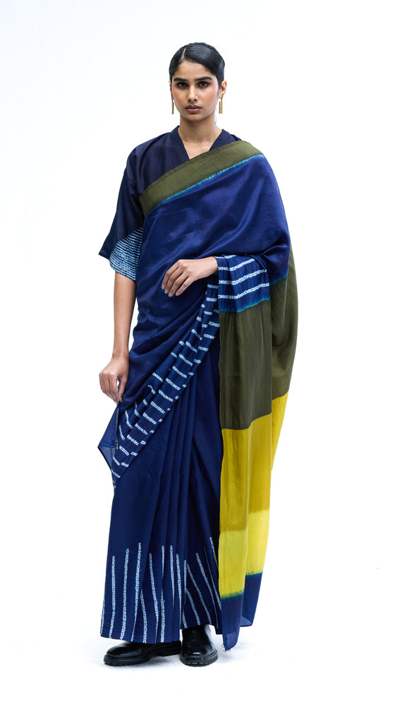 Where Lines Meet Water Saree - Indigo