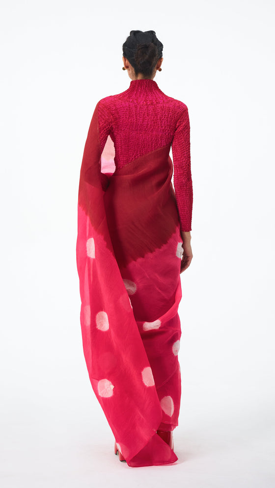 Segment Organza Saree - Red/Fuschia