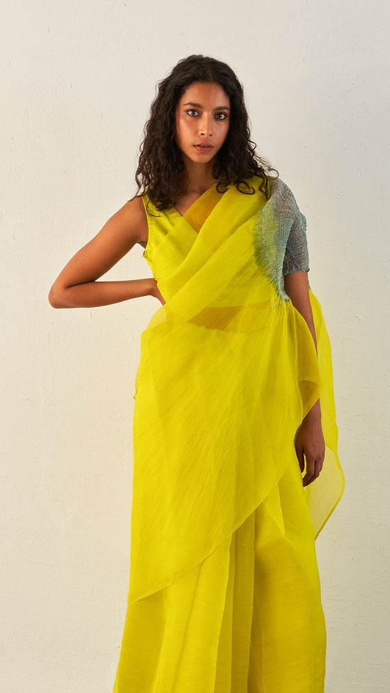 HANDSFREE SAREE, SILK ORGANZA - Lime/Grey