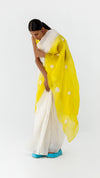 SEGMENT ORGANZA SAREE - WHITE/YELLOW