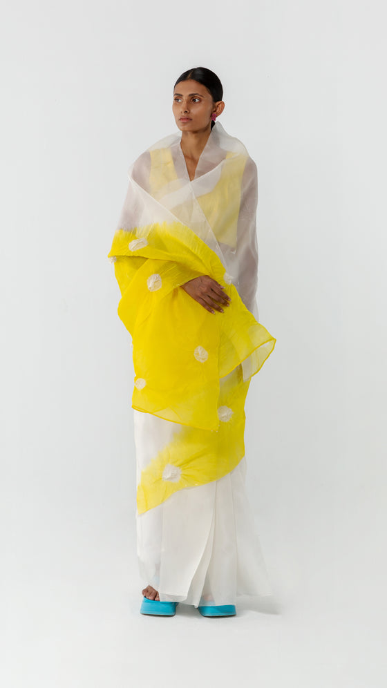 SEGMENT ORGANZA SAREE - WHITE/YELLOW