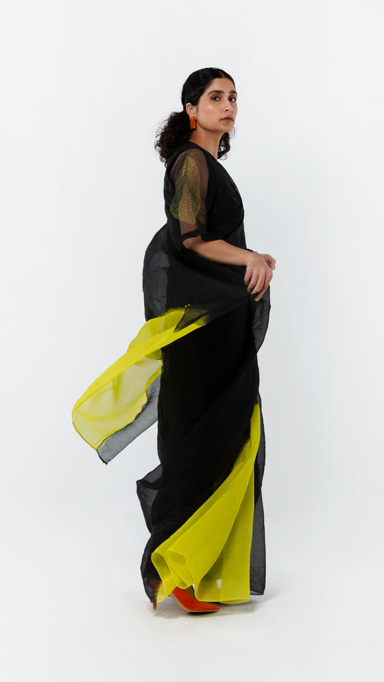 POLKA ORGANZA SAREE-LIME/BLACK