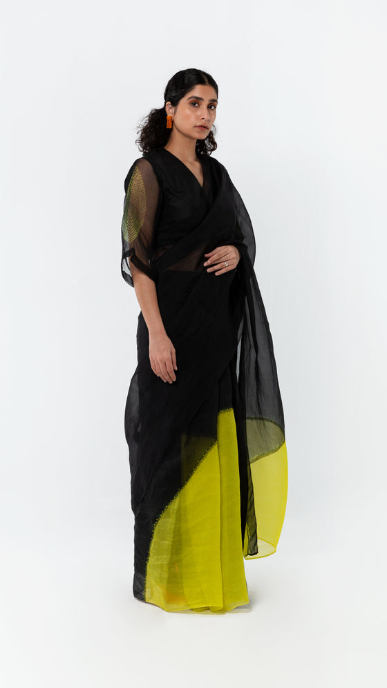 POLKA ORGANZA SAREE-LIME/BLACK