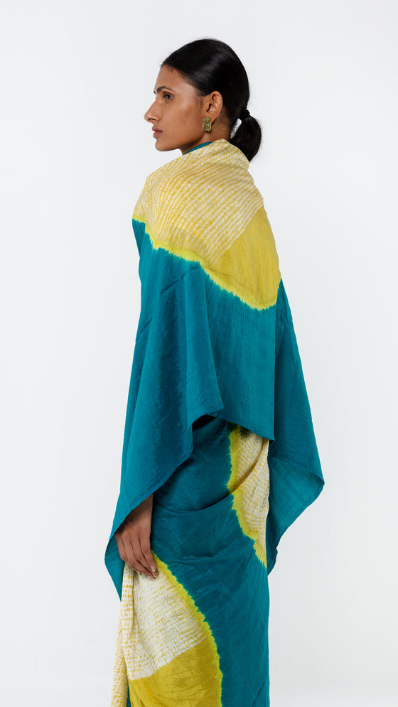 POLKA SHIBORI SAREE - LIME/TEAL