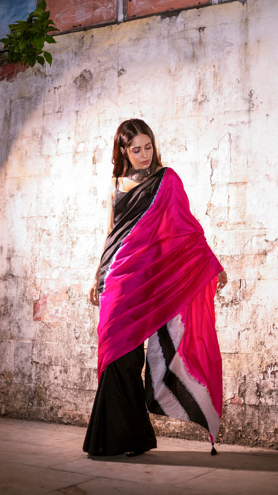 Fuchsia-Black Colour-blocked Shibori Saree