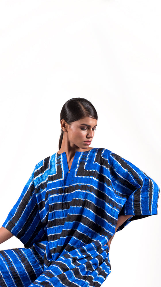 Royal blue-Black Striped Shibori kaftan
