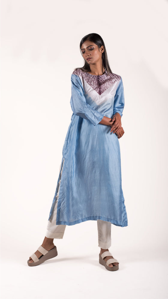 Icy blue-Brown Shibori Silk Kurta