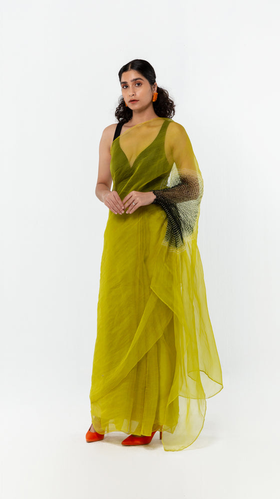 LIME AND BLACK HANDFREE ORGANZA SAREE