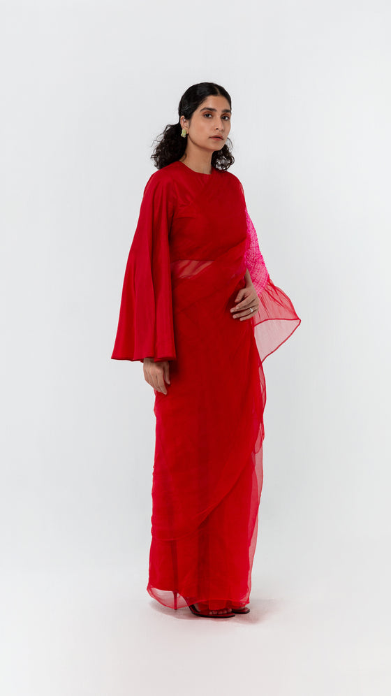 RED AND PINK HANDSFREE ORGANZA SAREE