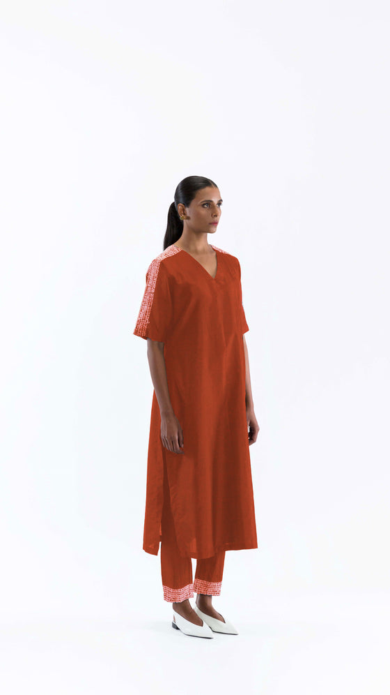 NAMI SILK KURTA CO-ORD SET IN RUST RED