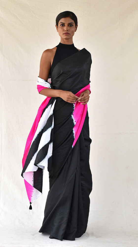 Fuchsia-Black Colour-blocked Shibori Saree