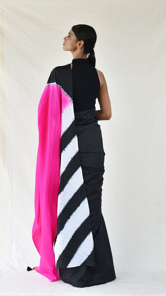 Fuchsia-Black Colour-blocked Shibori Saree