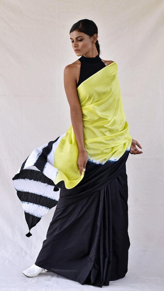 Lime-black Colour-blocked Shibori Saree