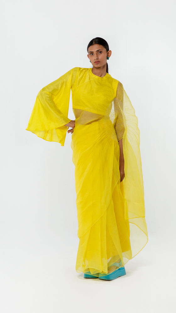 YELLOW HANDSFREE ORGANZA SAREE