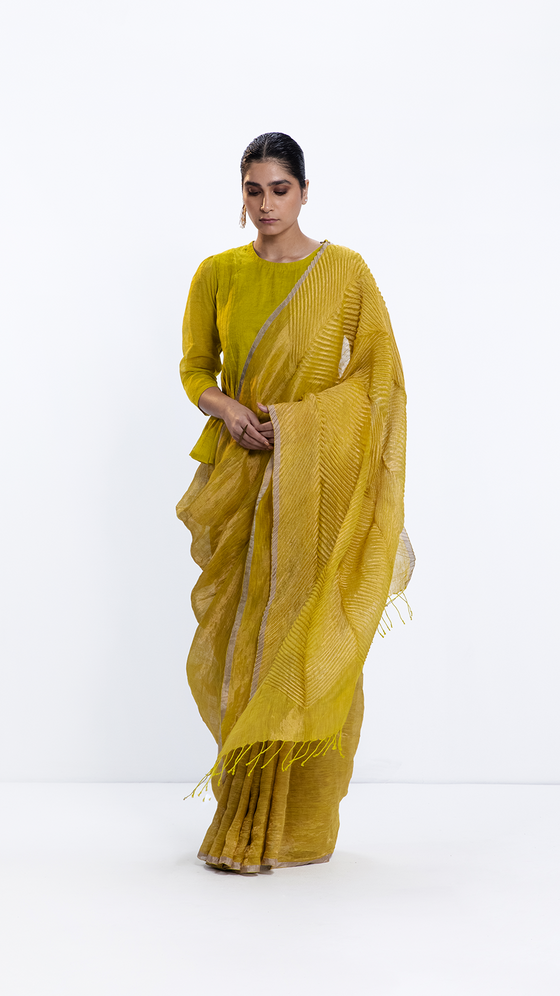 Metallic Shore Saree - Lime