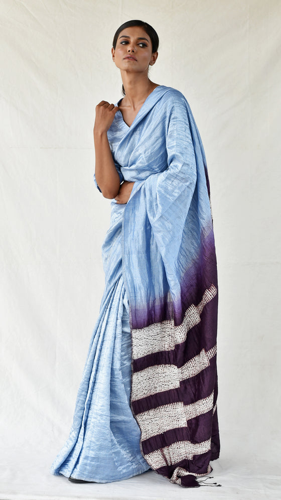 Icy Blue-Brown Metallic Shibori Saree
