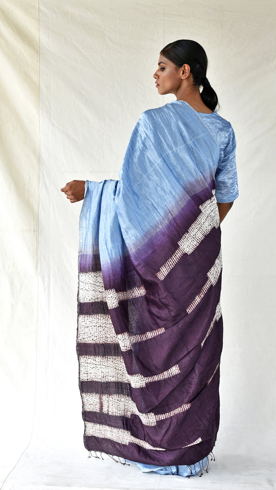 Icy Blue-Brown Metallic Shibori Saree