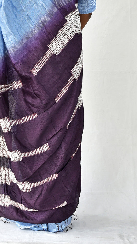 Icy Blue-Brown Metallic Shibori Saree
