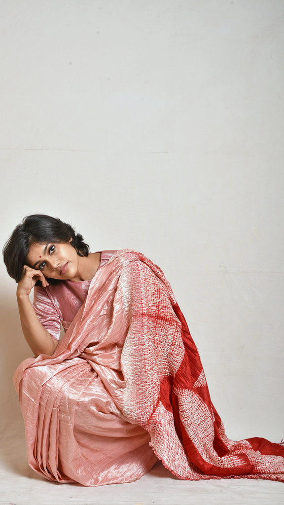 Peach-red Metallic Shibori Saree