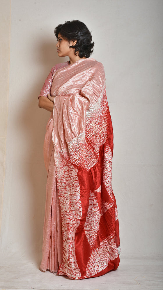 Peach-red Metallic Shibori Saree